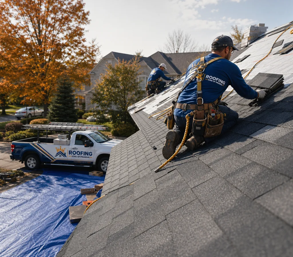 Roofing crew installing architectural asphalt shingles on a King of Prussia home with fall protection and tidy tarps