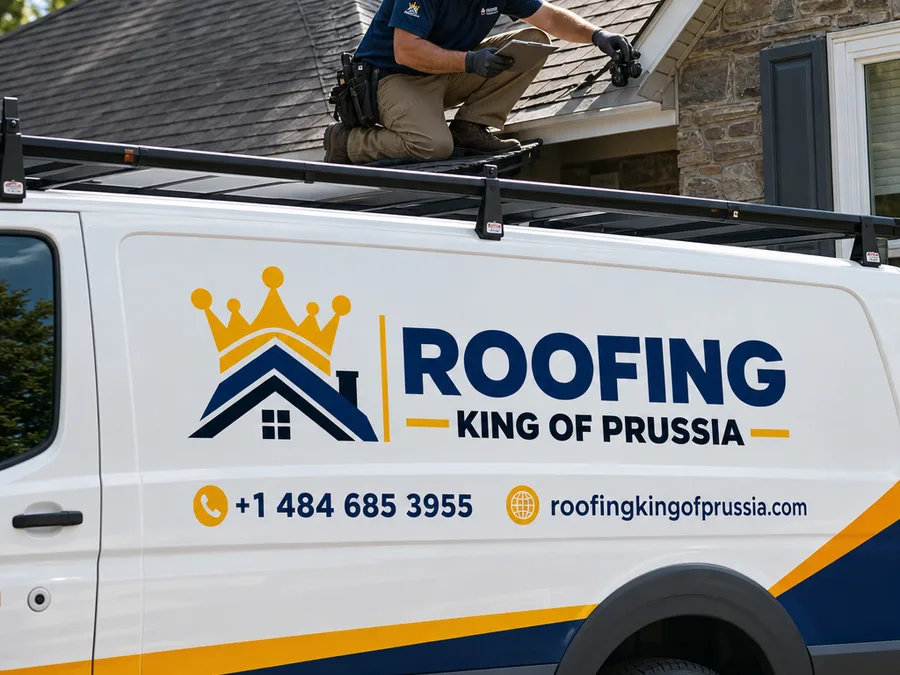 Roofer inspecting flashing and shingle condition on a King of Prussia home with a clipboard and camera