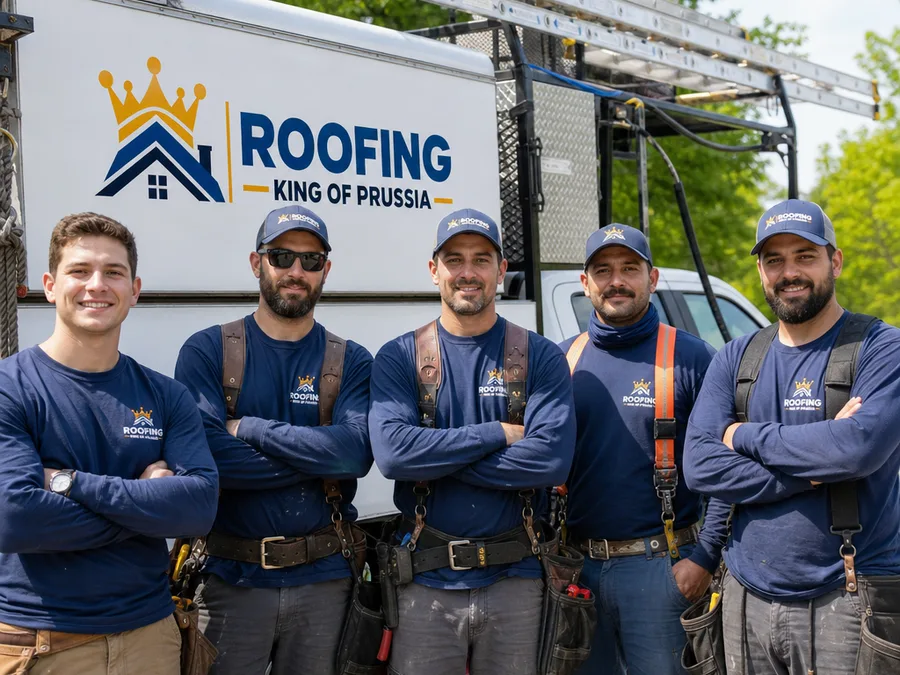 Roofing King Of Prussia crew beside a roofing truck with ladders and safety equipment visible